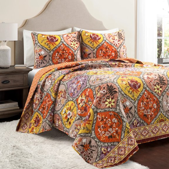 Lush Decor Harley Reversible Quilt Set - Bohemian Bedding In Bold Paisley & Leaf Patterns