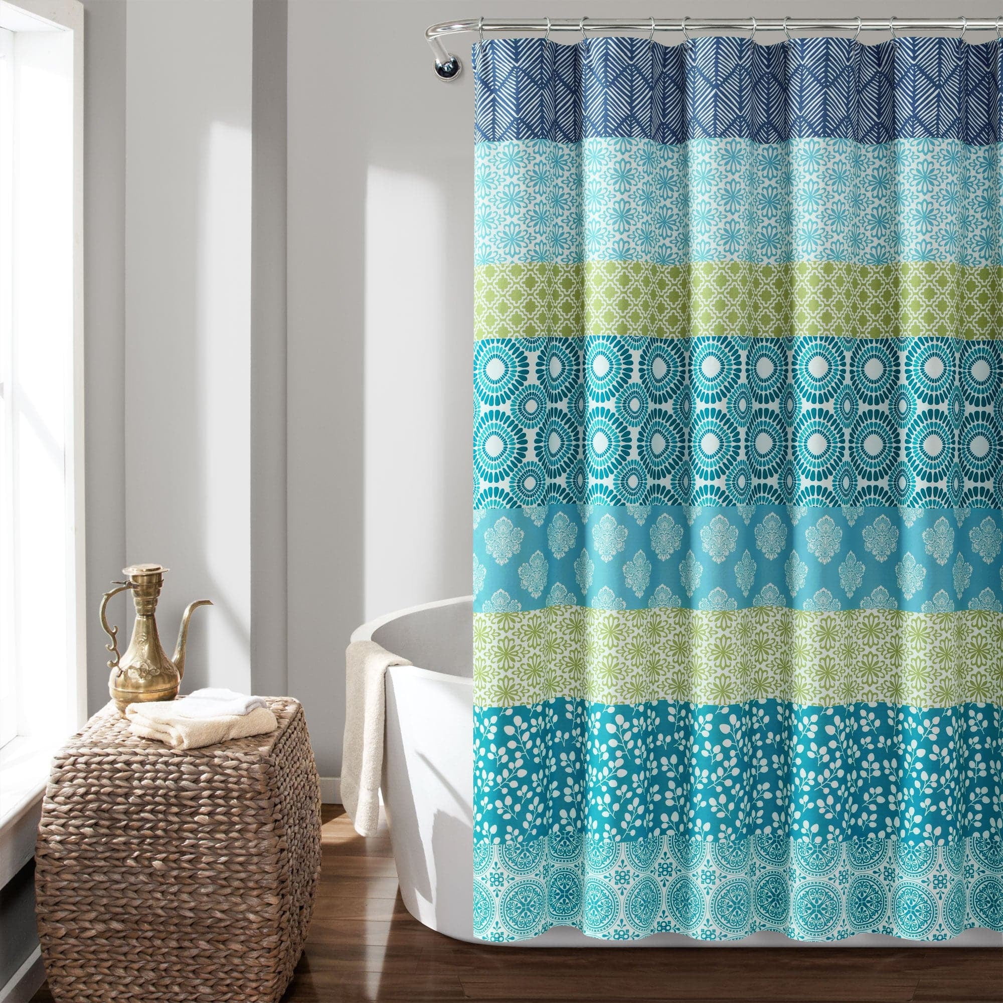 Bohemian Blue and Green Polyester Striped Shower Curtain