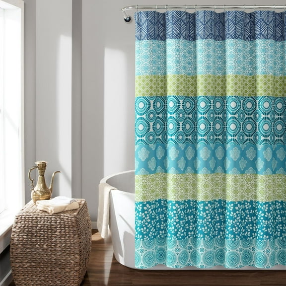 Lush Decor Bohemian Stripe Contemporary Blue Stripes Flowers Polyester Shower Curtain, 72" x 72"