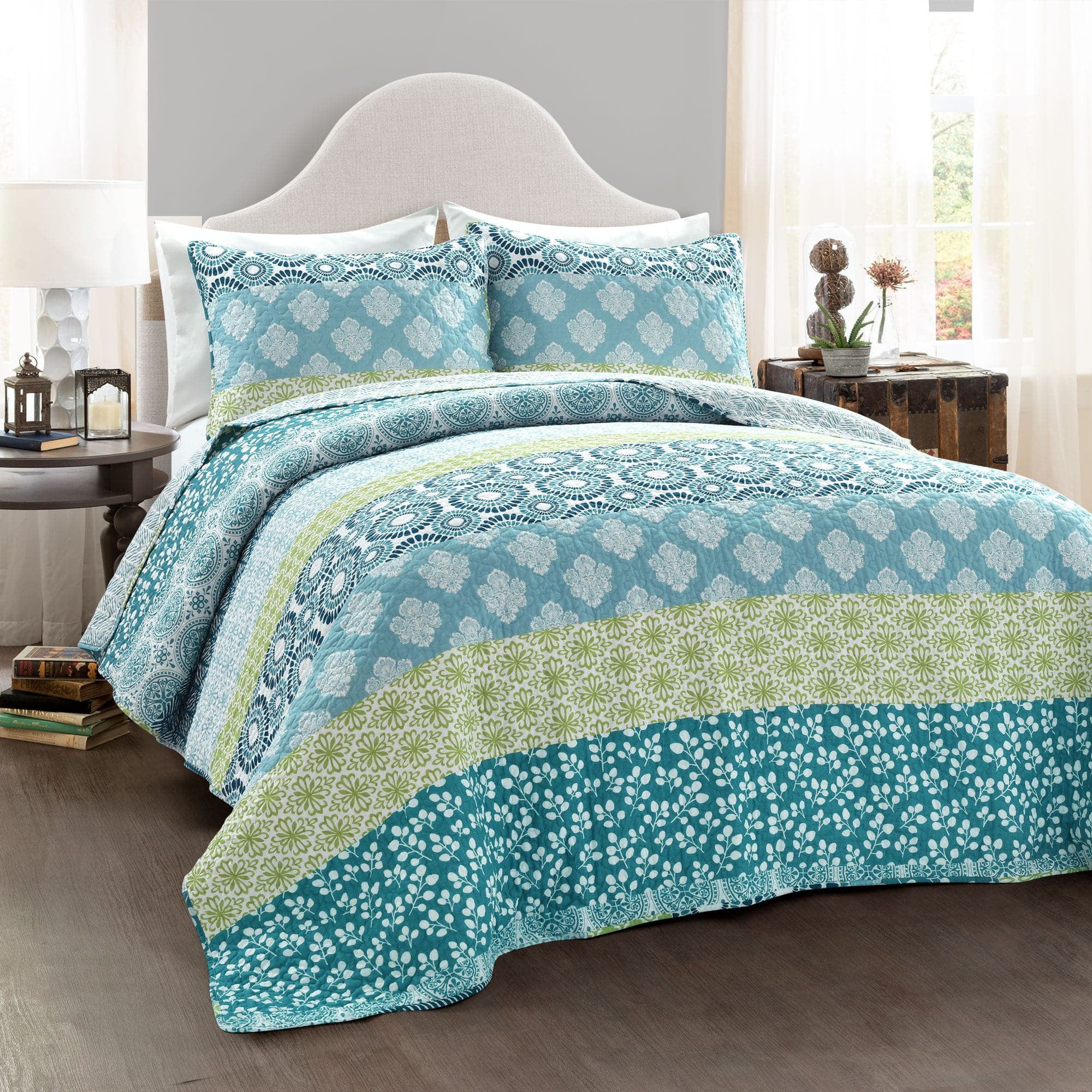 Bohemian Blue and Green Cotton Full/Queen Reversible Quilt Set