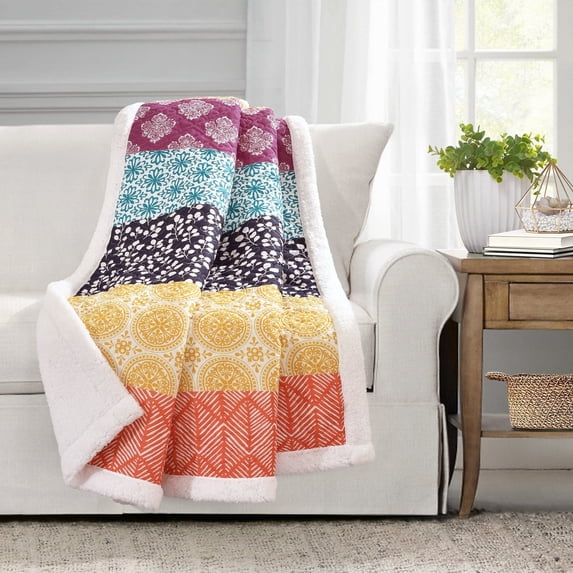 Lush Decor Bohemian Stripe Cotton- Sherpa Reverse Throw, 60x50, Fuchsia/Orange, Single