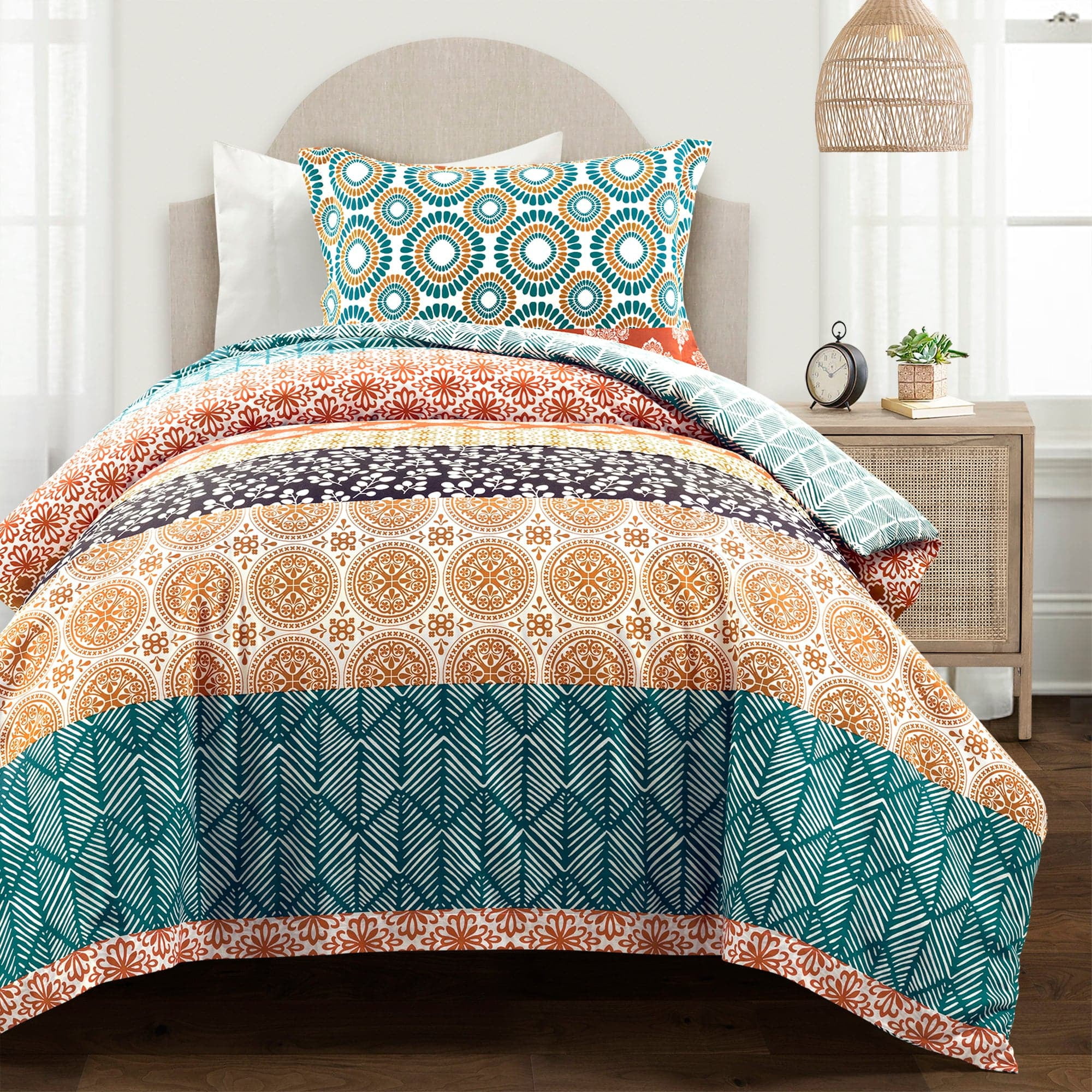 Bohemian Stripe Turquoise and Tangerine Cotton Twin XL Duvet Cover Set