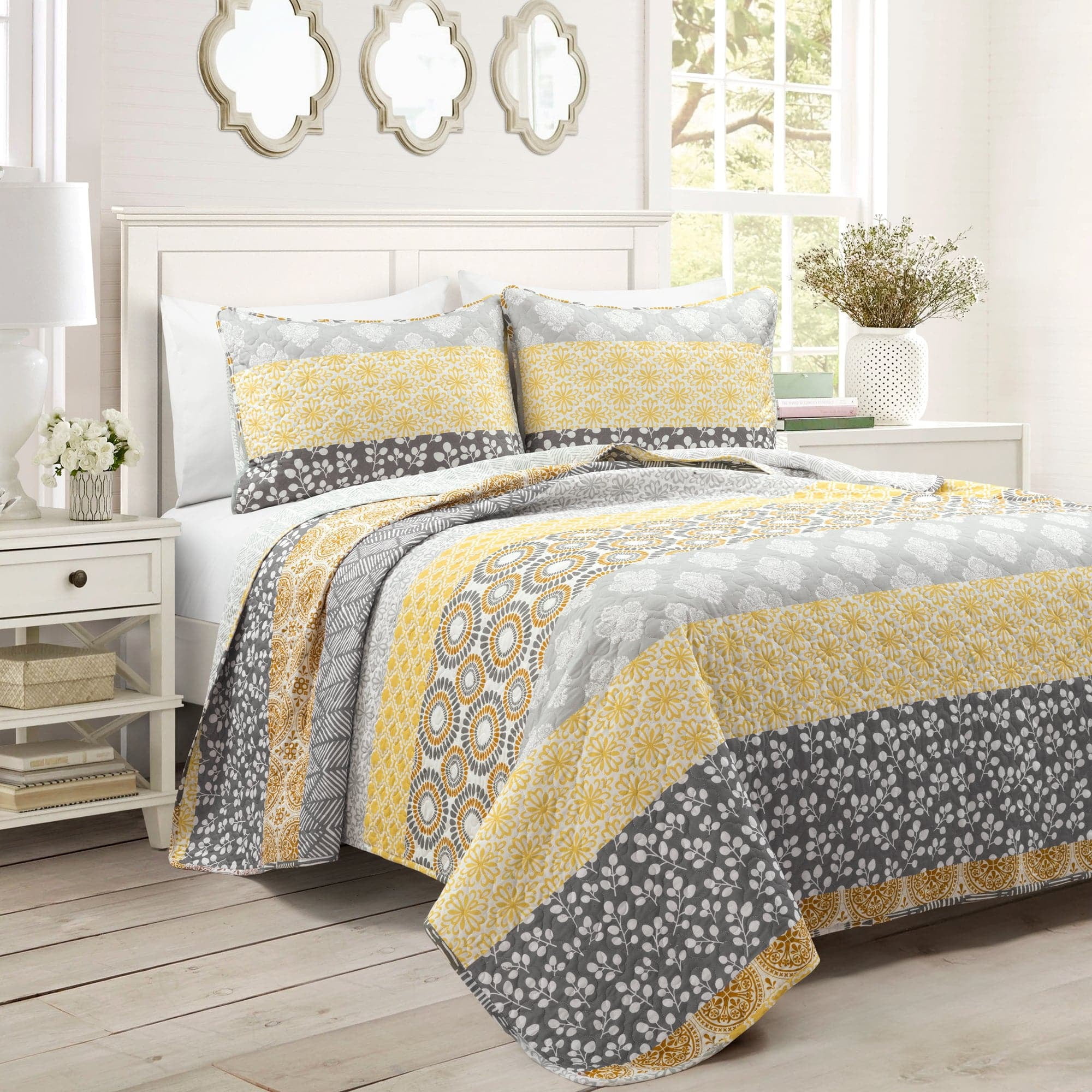 Bohemian Yellow and Gray Cotton Reversible Full Quilt Set