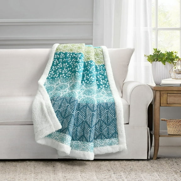 Lush Decor Bohemian Stripe Sherpa Reverse Throw, 60" x 50", Blue/Green, Single