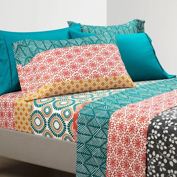 Lush Decor Bohemian Stripe Soft Sheet Set Turquoise/Orange 6Pc King