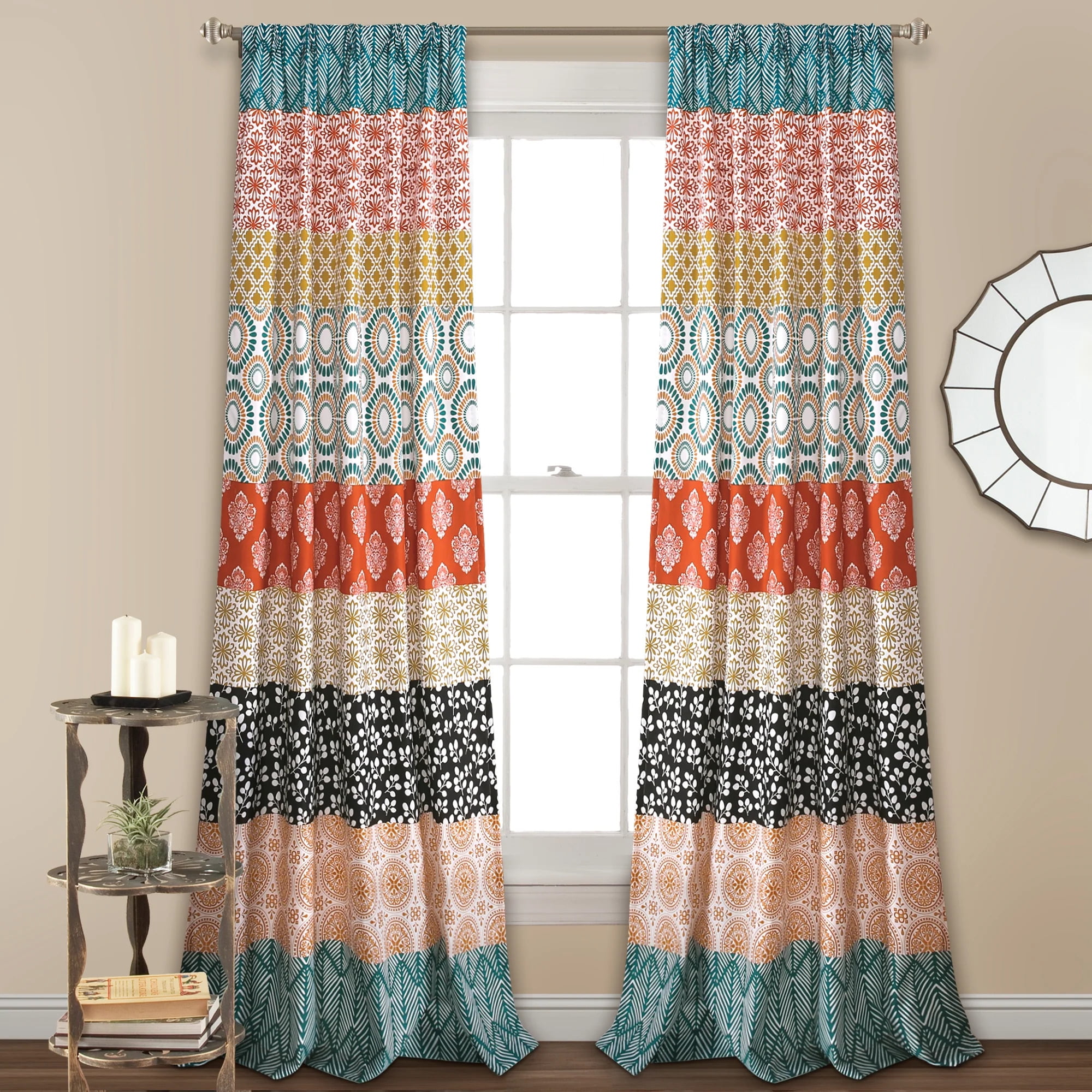 95" x 52" Turquoise and Orange Bohemian Polyester Curtain Panel Set