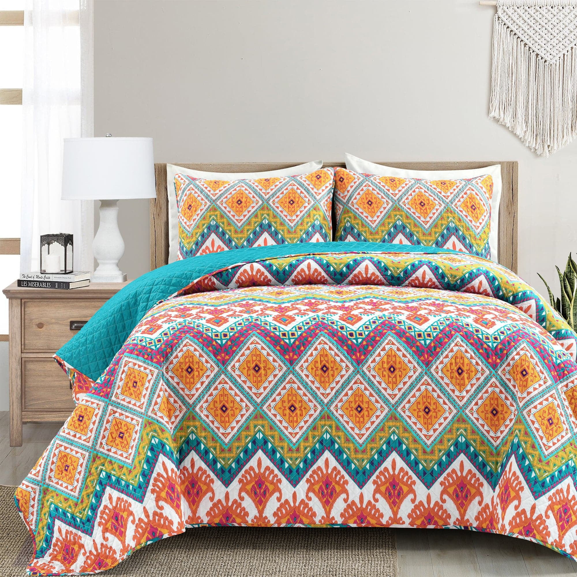 Boho Chevron Reversible Cotton Full Quilt Set in Turquoise and Multi