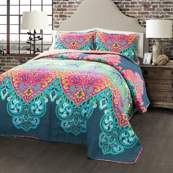 Lush Decor Boho Chic Colorful Suzani Print Cotton Reversible Quilt, Full/Queen, Turquoise/Navy, 2-3 Piece Set