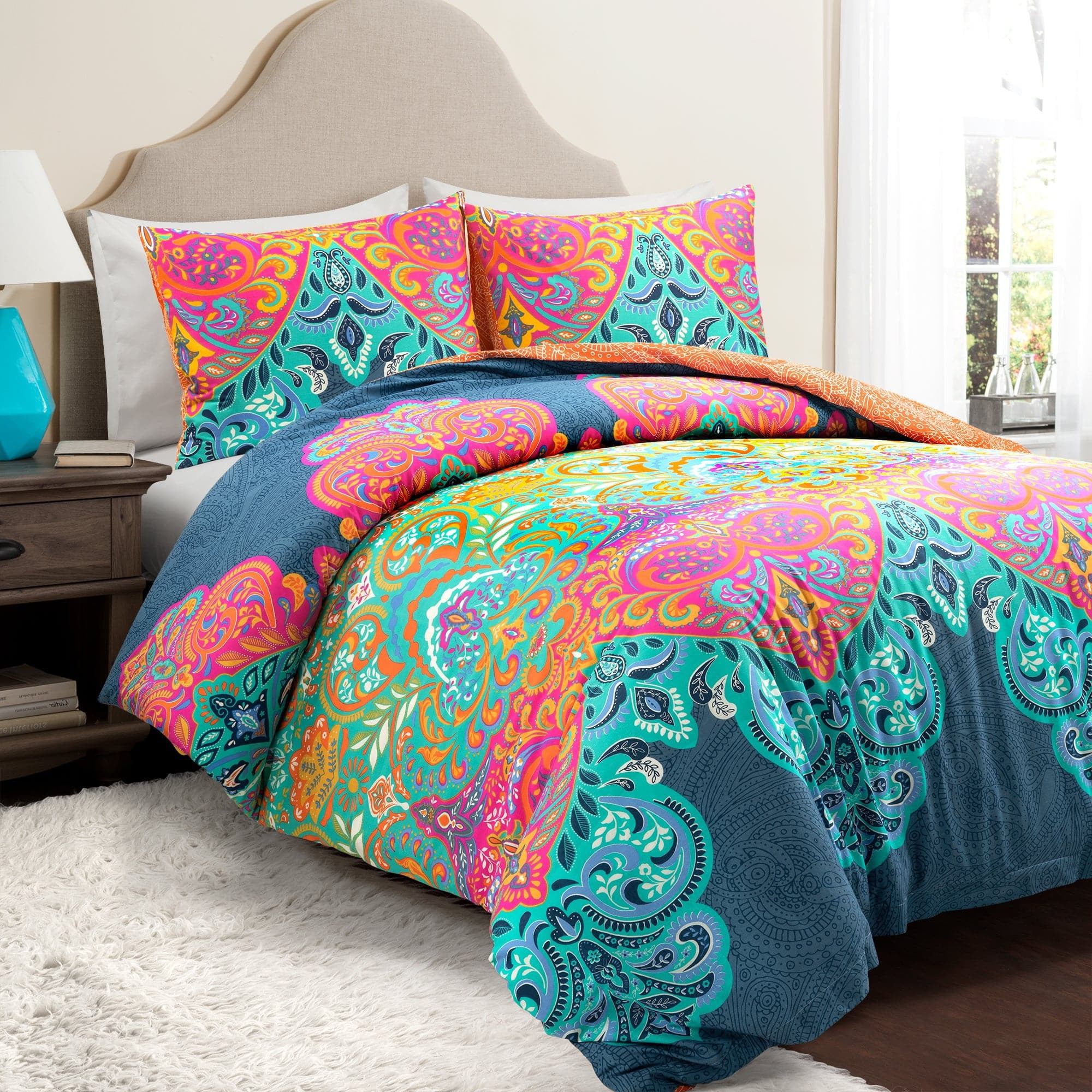 Boho Chic Turquoise and Navy Cotton Full/Queen Duvet Cover Set