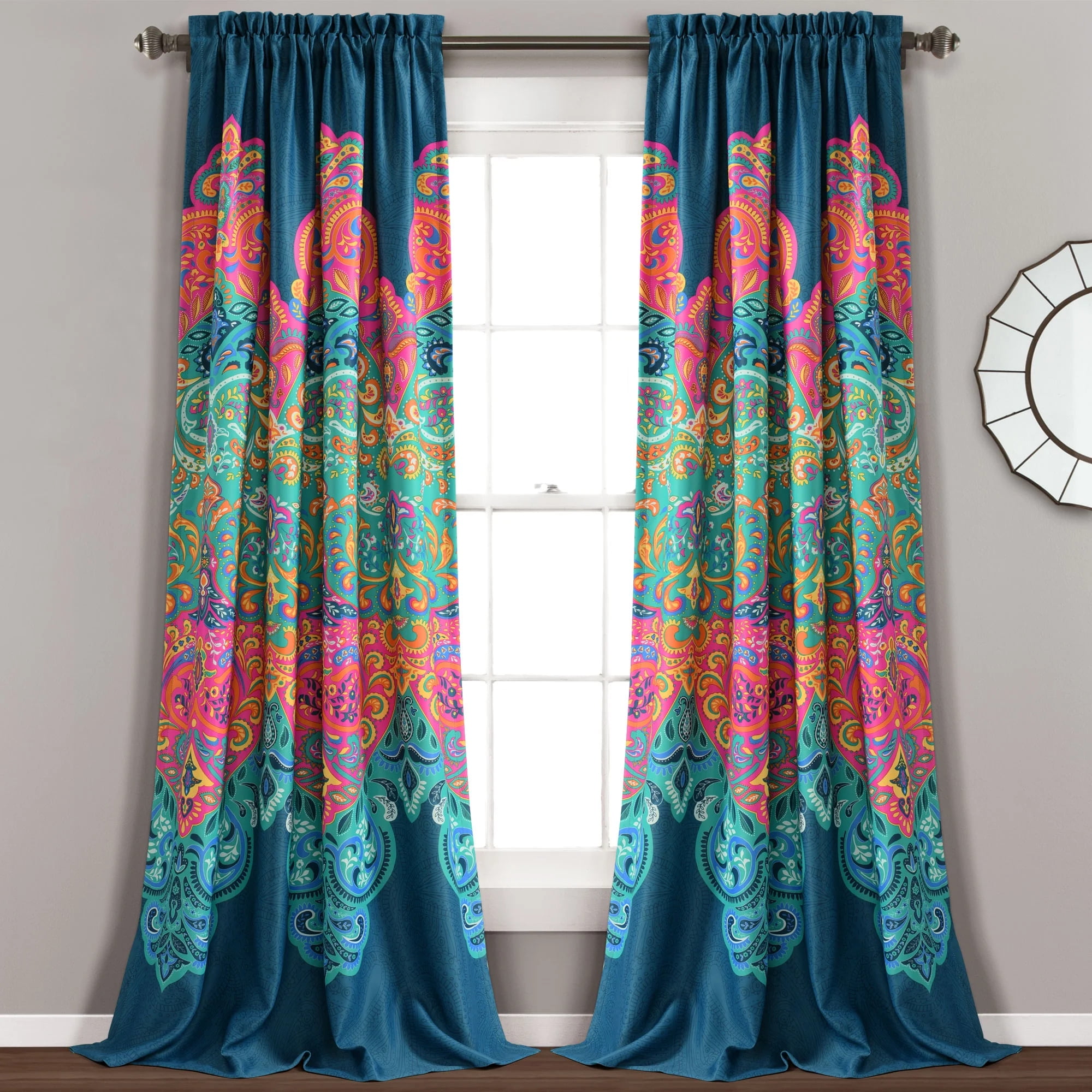 Lush Decor Boho Chic Room Darkening 84" x 52" + 2" Header Suzani Turquoise 3" Rod Pocket Pair Window Panel Curtain