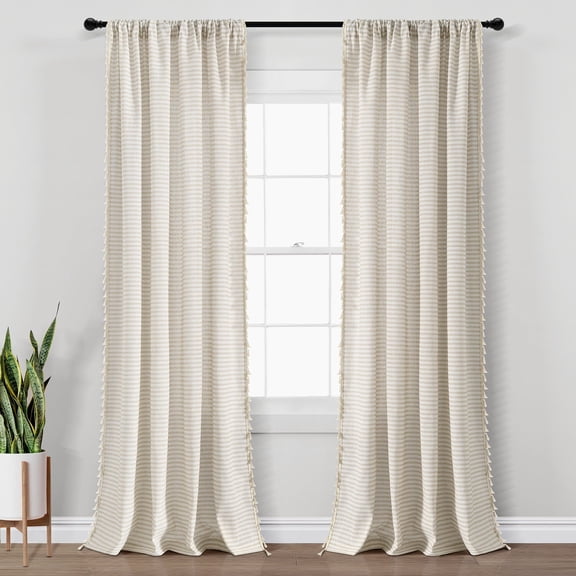 Lush Decor Boho Coastal Horizontal Ticking Stripe Tassel Window Curtain Panels Neutral 52X84 Set