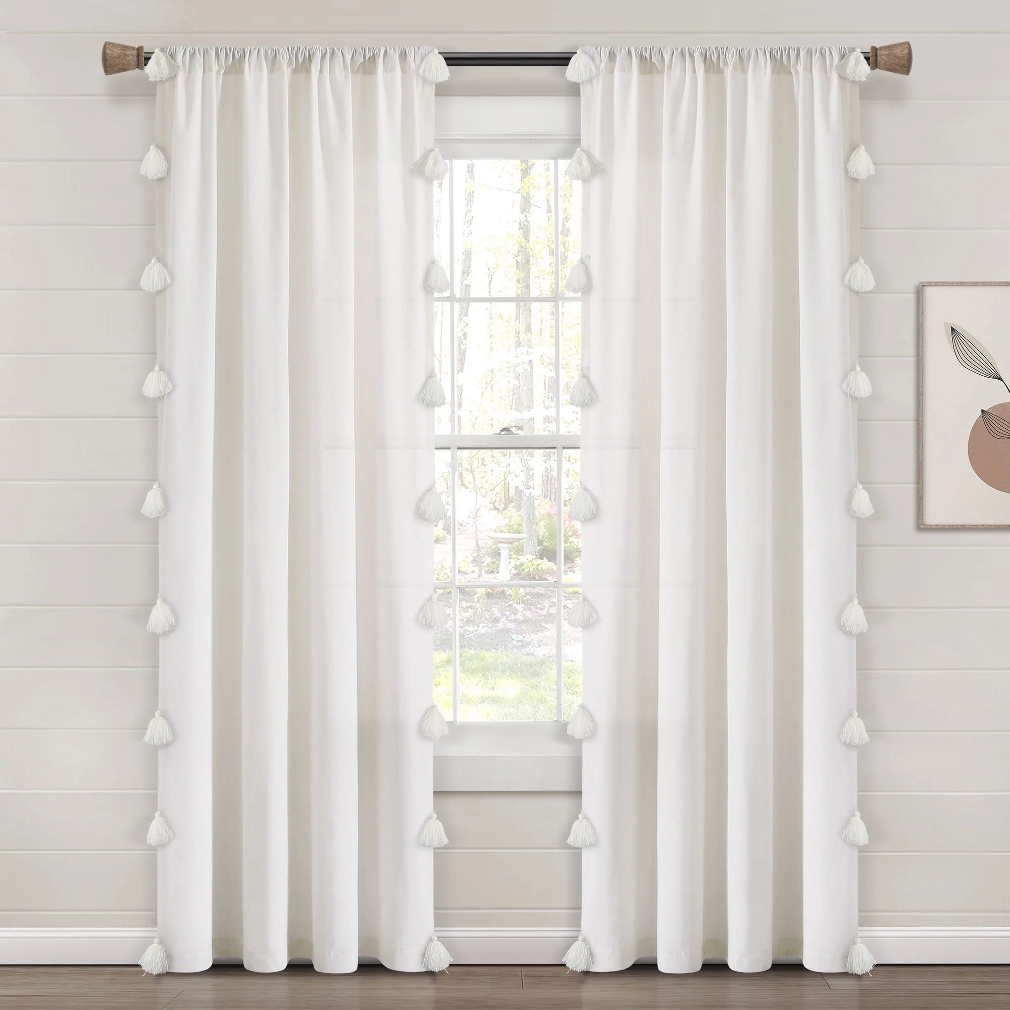 Lush Decor Boho Faux Linen Texture Tassel Single Window Curtain Panel - White/Gray - 84 x 52