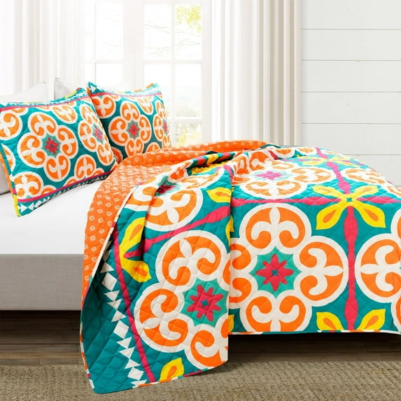 Lush Decor Boho Floral Reversible Oversized Quilt Turquoise/Orange 3Pc Set King/Cal King