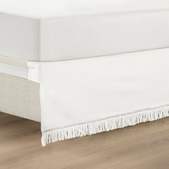 Lush Decor Boho Fringe 15-Inch Tailored Drop Easy Fit Bedskirt Pure White Single Queen 60X80+15