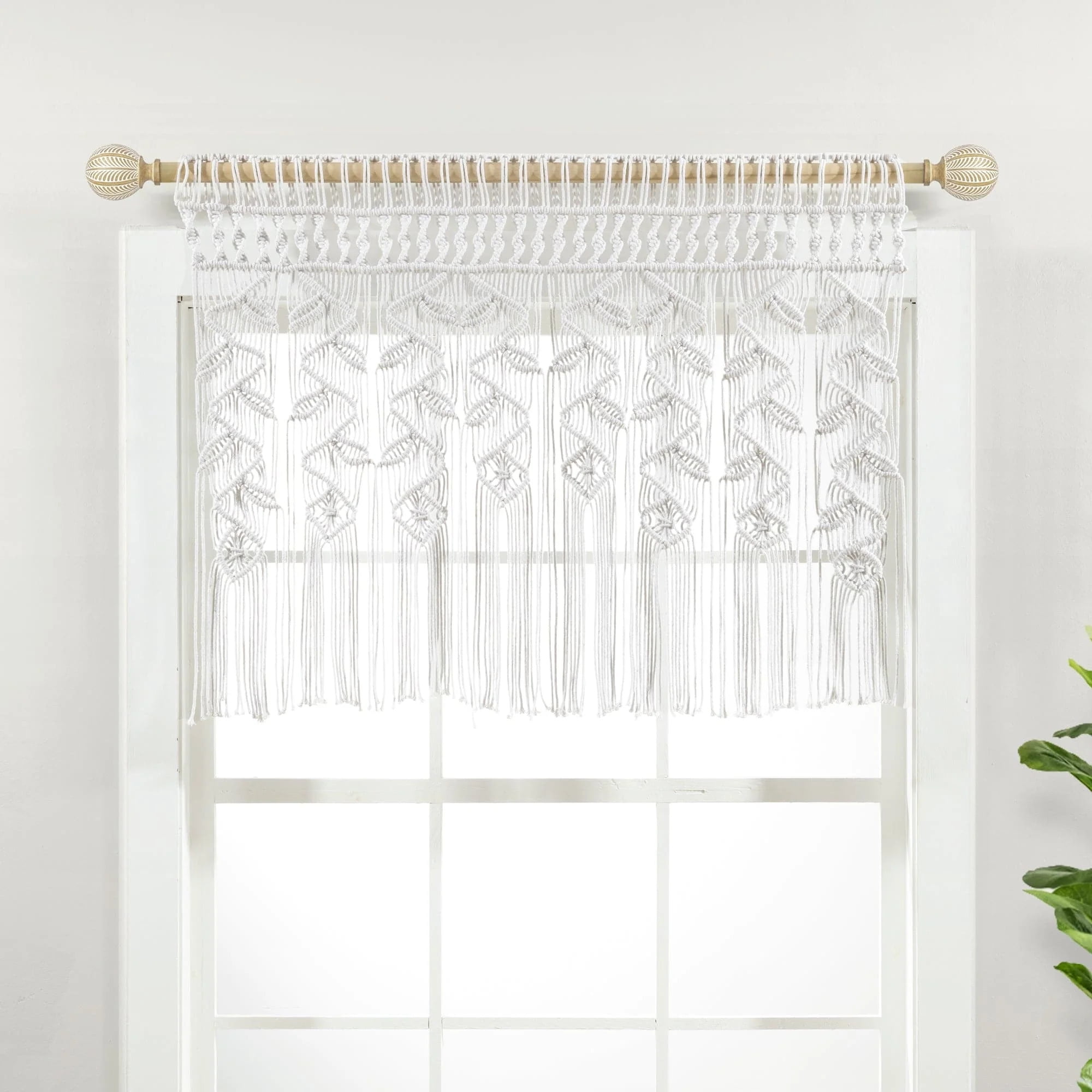 White Cotton Boho Macrame Leaf Valance with Rod Pocket