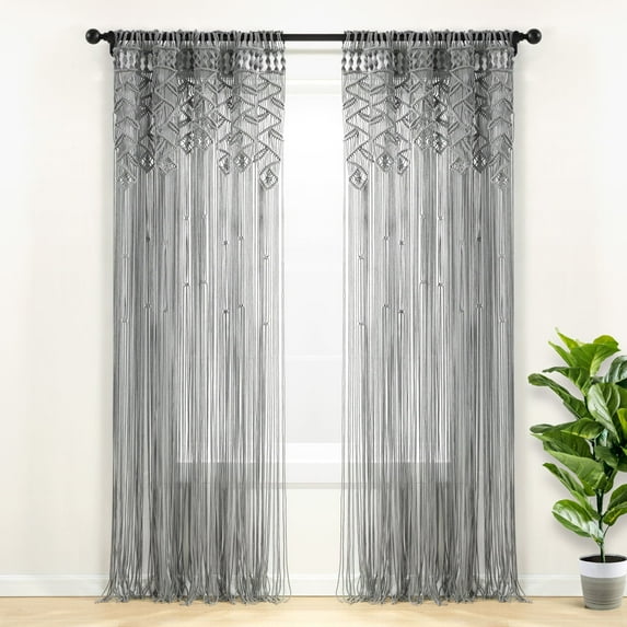 Lush Decor Boho Macrame Leaf Cotton Window Curtain/ Room Divider/Wedding Backdrop/Wall Decor Gray Single 40X84