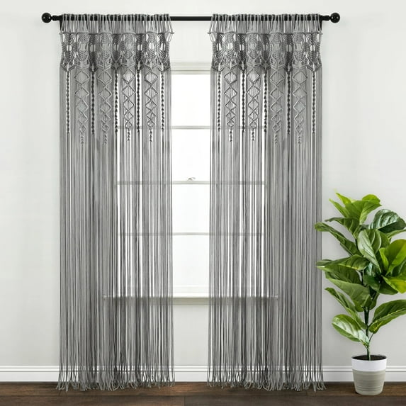 Lush Decor Boho Macrame Textured 84" x 40" Gray 100% Cotton 4" Rod Pocket Single Window Panel Curtain