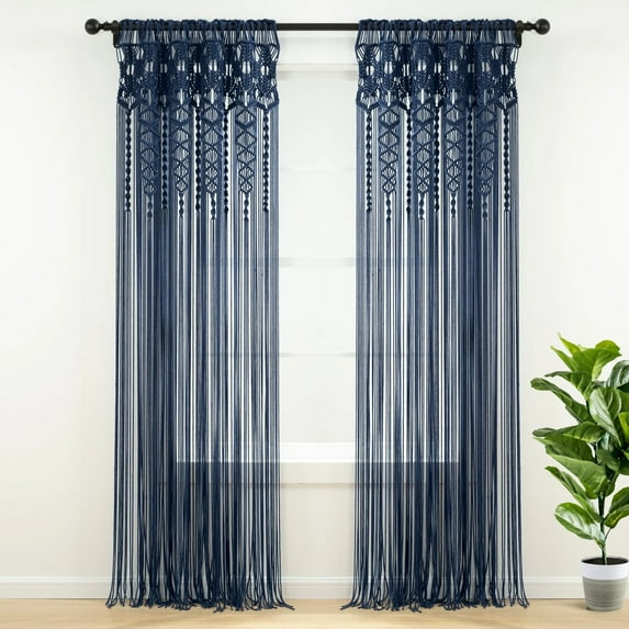 Lush Decor Boho Macrame Textured Cotton Window Curtain/Room Divider/Doorway/Wall Decor Navy 40X84
