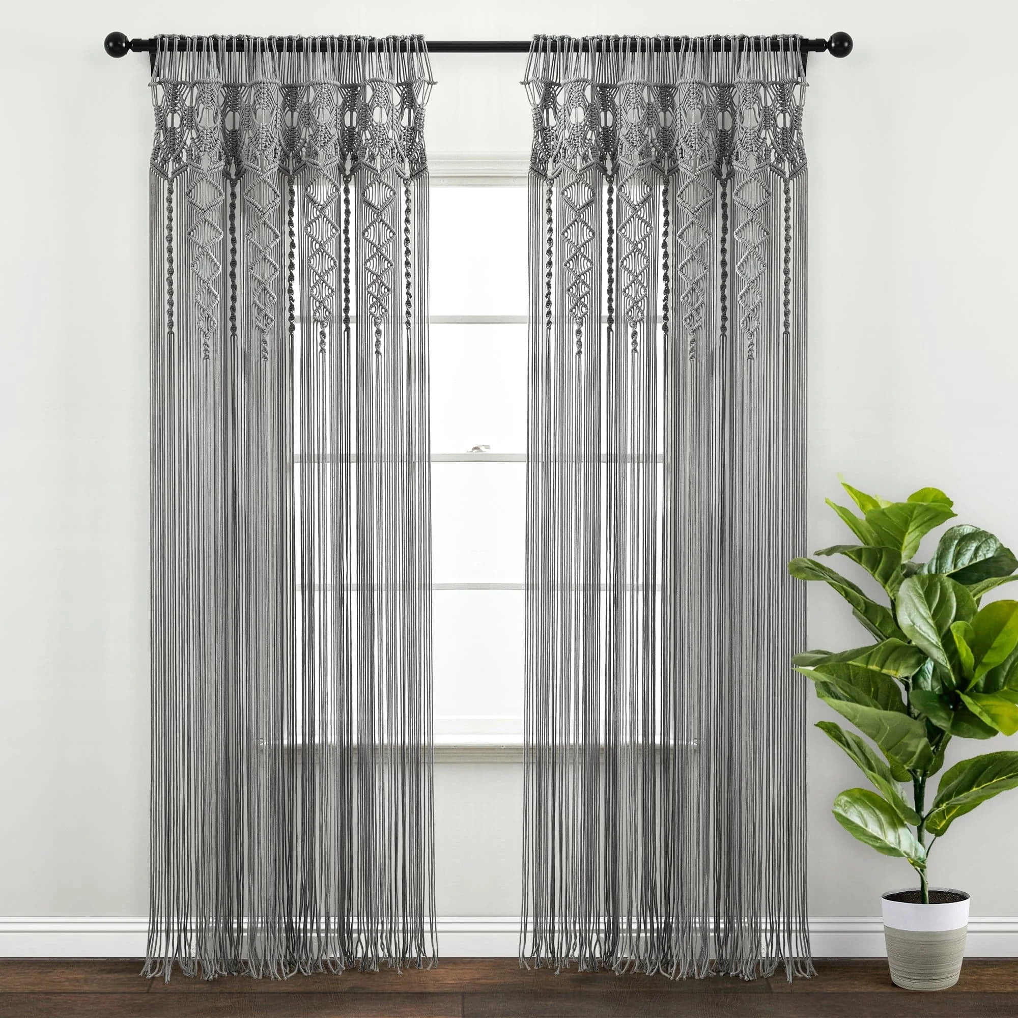 Lush Decor  Boho Macrame Textured Cotton Window Curtain/Room Divider/Doorway/Wall  Single Gray 40X95