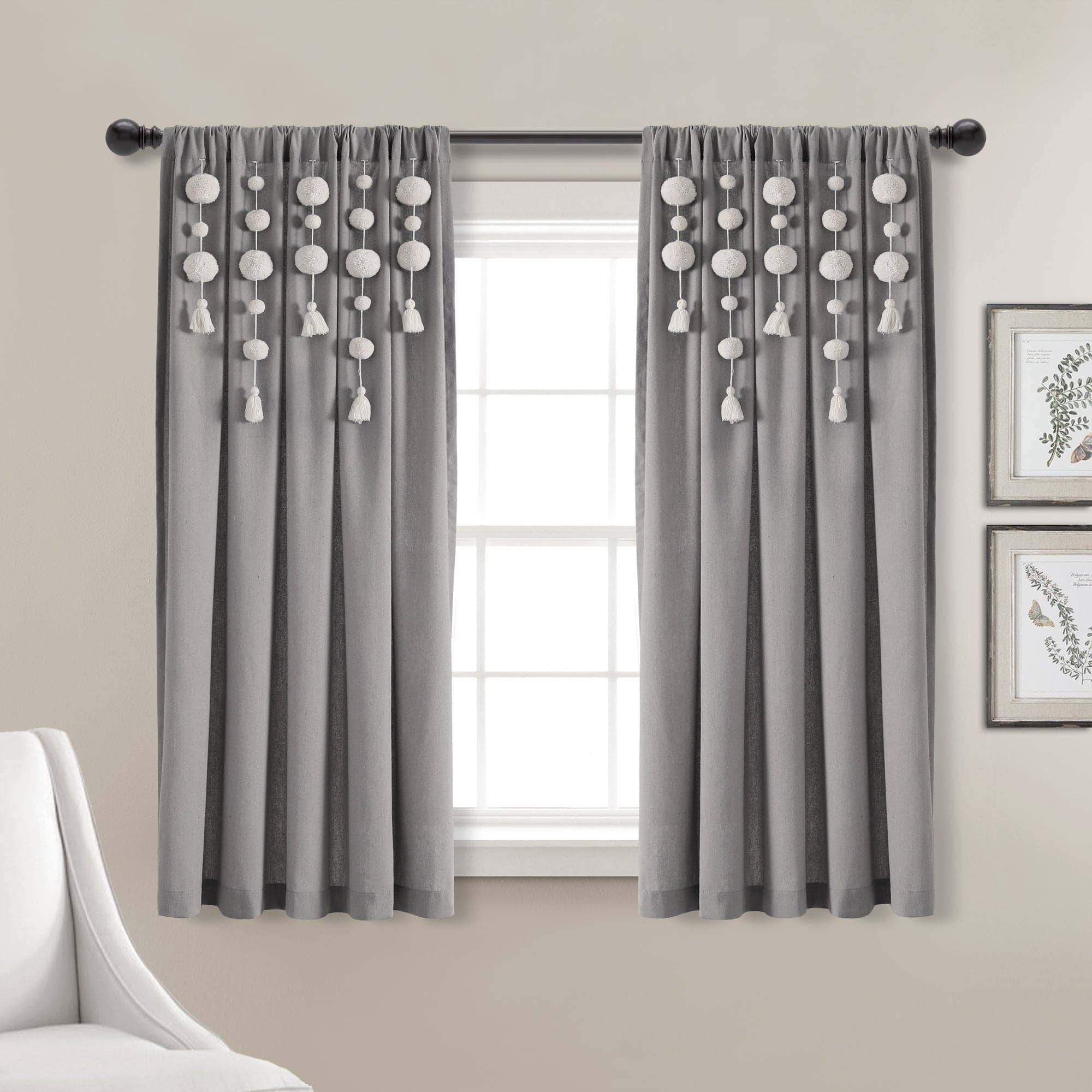Lush Decor Boho Pom Pom Tassel Linen Window Curtain Panel Dark Gray Single 52X63
