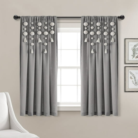Lush Decor Boho Pom Pom Tassel Linen Window Curtain Panel Dark Gray Single 52X63