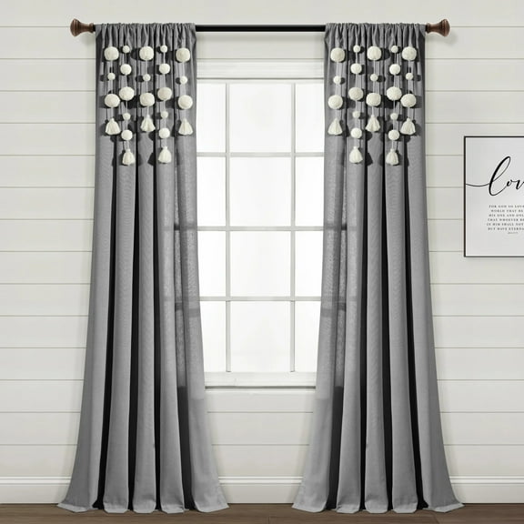 Lush Decor Boho Pom Pom Tassel Linen Window Curtain Panel Dark Gray Single 52X84