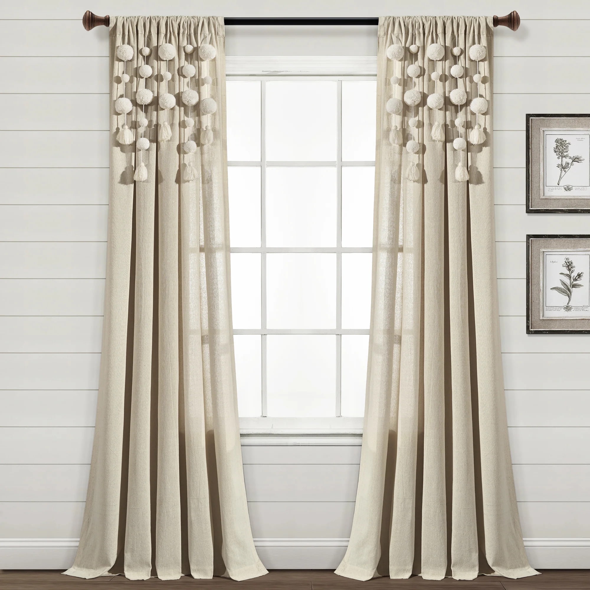Boho Pom Pom Tassel Dark Linen Cotton Blend Window Curtain Panel