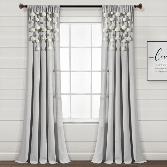 Lush Decor Boho Pom Pom Tassel Linen Window Curtain Panel Light Gray Single 52X95