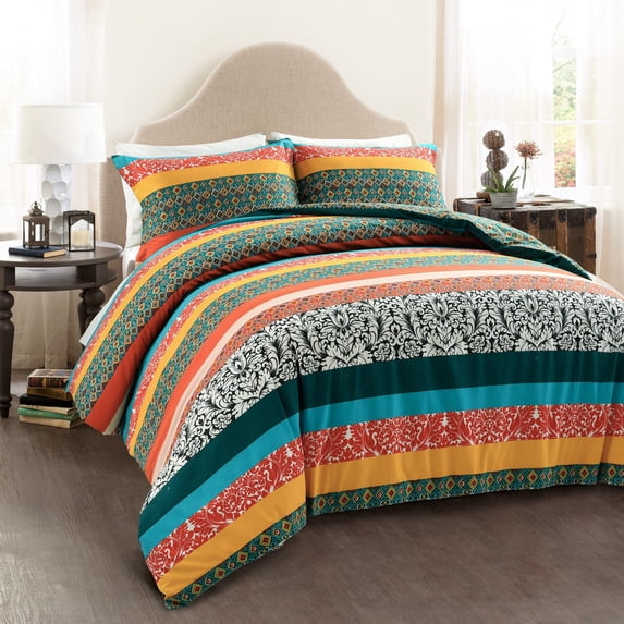 Lush Decor Boho Stripe 3-Piece Duvet Cover Set, Turquoise/Tangerine, Full/Queen