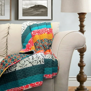 Lush Decor Boho Stripe Cotton Throw, 60x50, Turquoise/Tangerine, Single