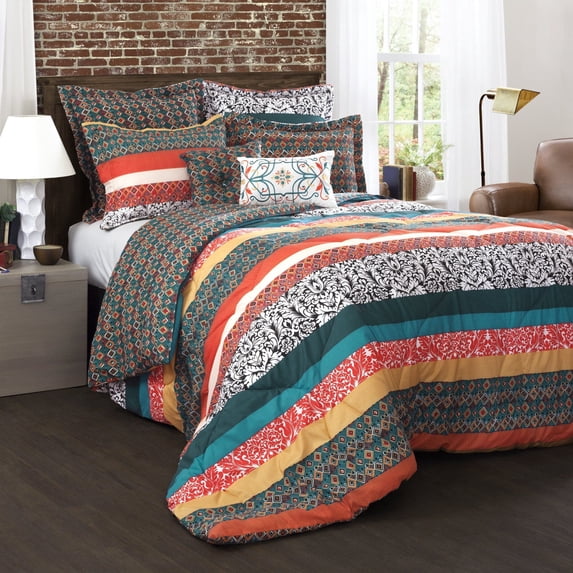 Lush Decor Boho Stripe Polyester Reversible Comforter, King, Turquoise/Tangerine, 7-Pc Set