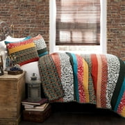 Lush Decor Boho Stripe Print Cotton Reversible Quilt, Full/Queen, Turquoise/Tangerine, 2-3 Piece Set
