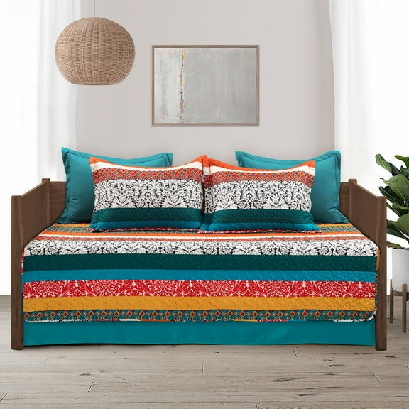 Lush Decor Boho Stripe Quilted Daybed Cover Turquoise/Tangerine 6Pc Set 39X75