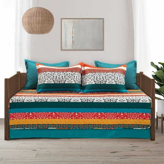 Lush Decor Boho Stripe Quilted Daybed Cover Turquoise/Tangerine 6Pc Set 39X75