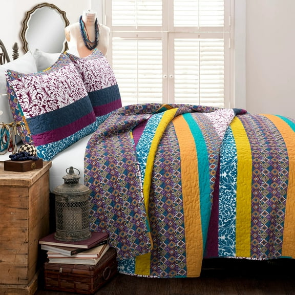 Lush Decor Boho Stripe Reversible Cotton Quilt Plum/Yellow 3Pc Set King