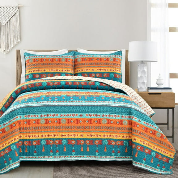Lush Decor Boho Watercolor Border Reversible Quilt, Full/Queen, Turquoise/Multi, 3-Pc Set