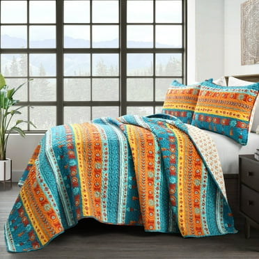 Lush Decor Boho Watercolor Border Reversible Quilt, King, Turquoise/Multi, 3-Pc Set