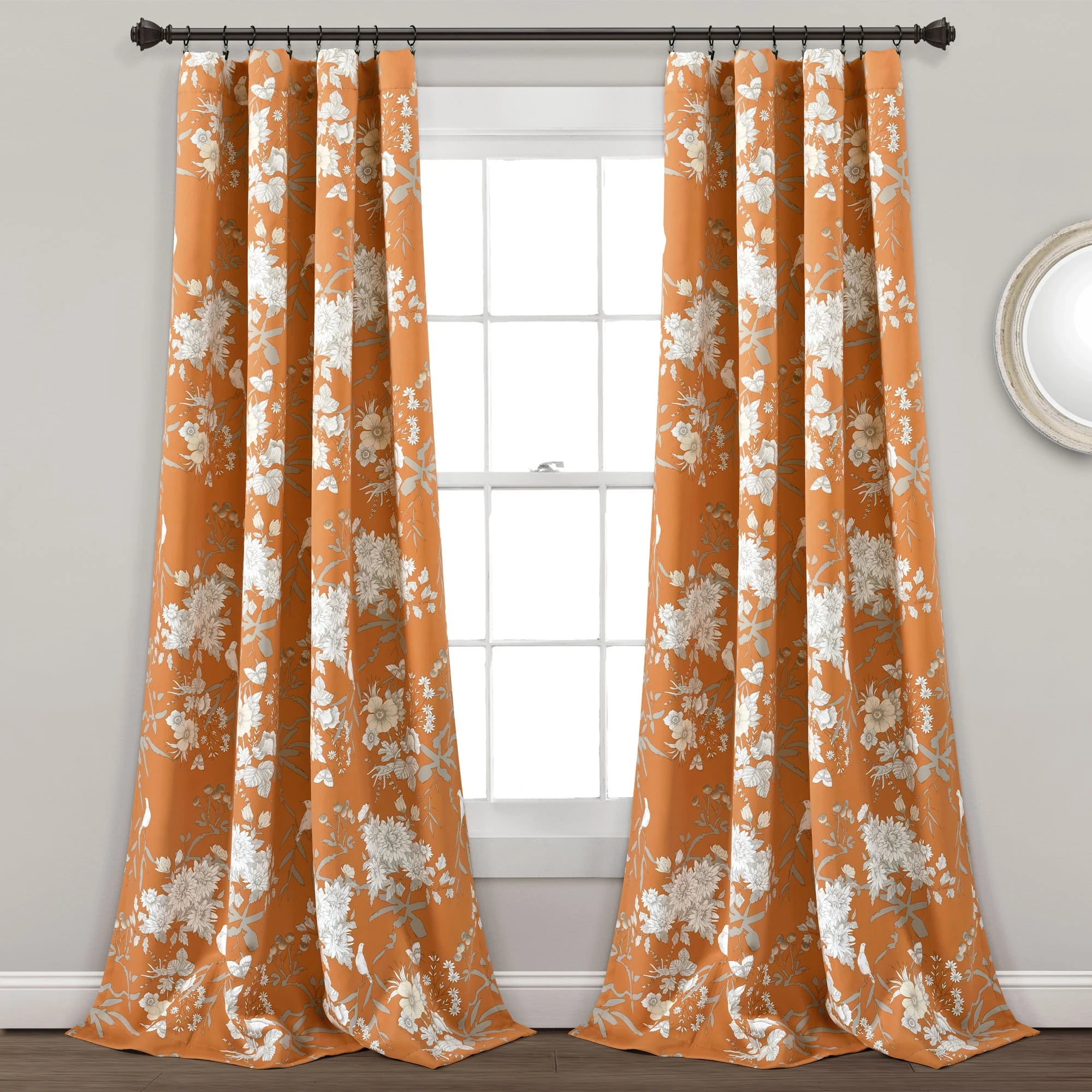 Orange Floral Polyester Blackout Rod Pocket Window Panels