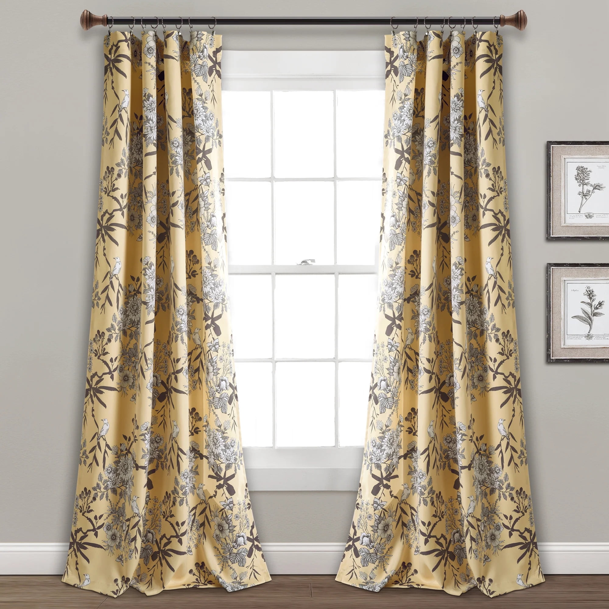 Yellow Floral Polyester Blackout Rod Pocket Window Panels
