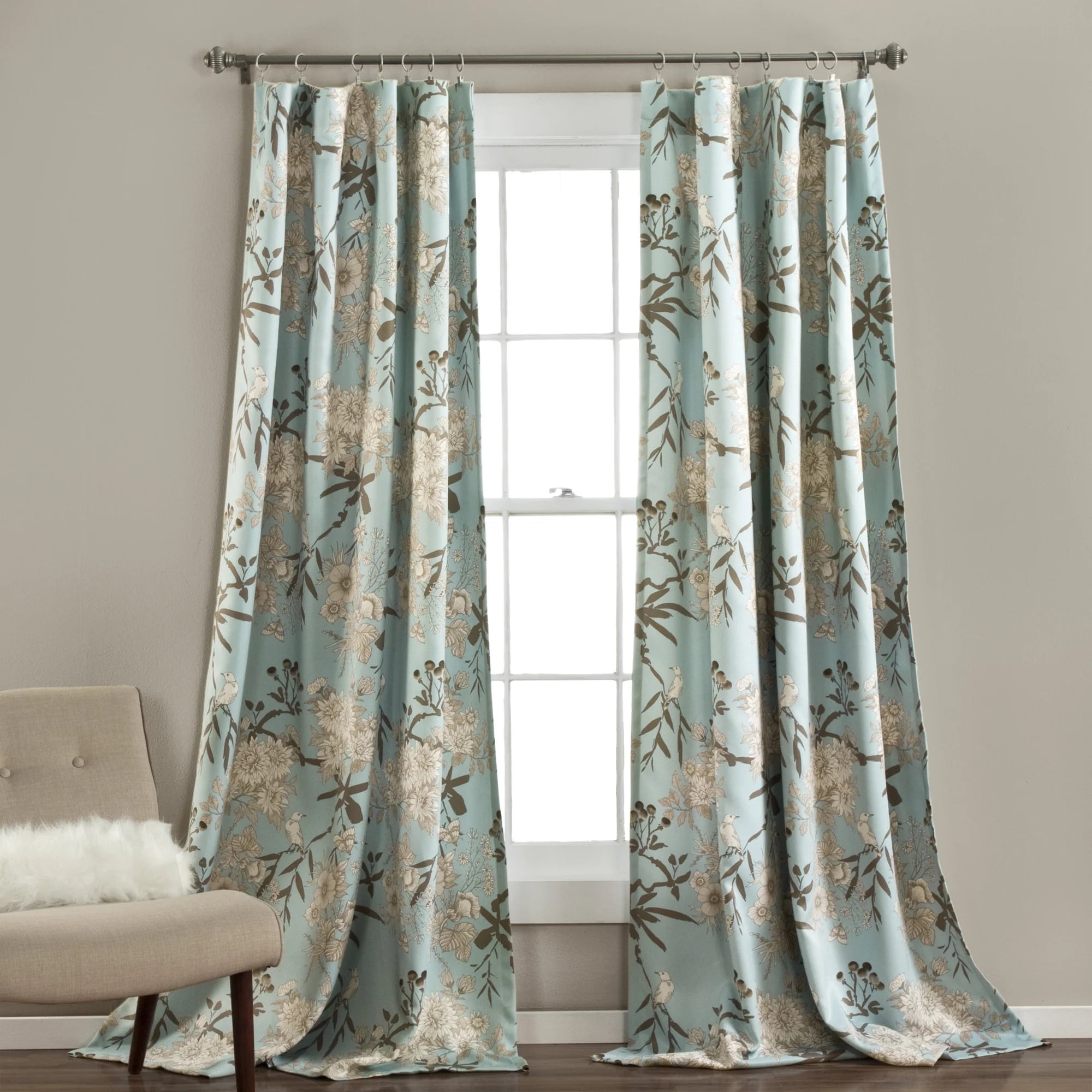 Botanical Garden Blue Polyester Room Darkening Curtain Panels
