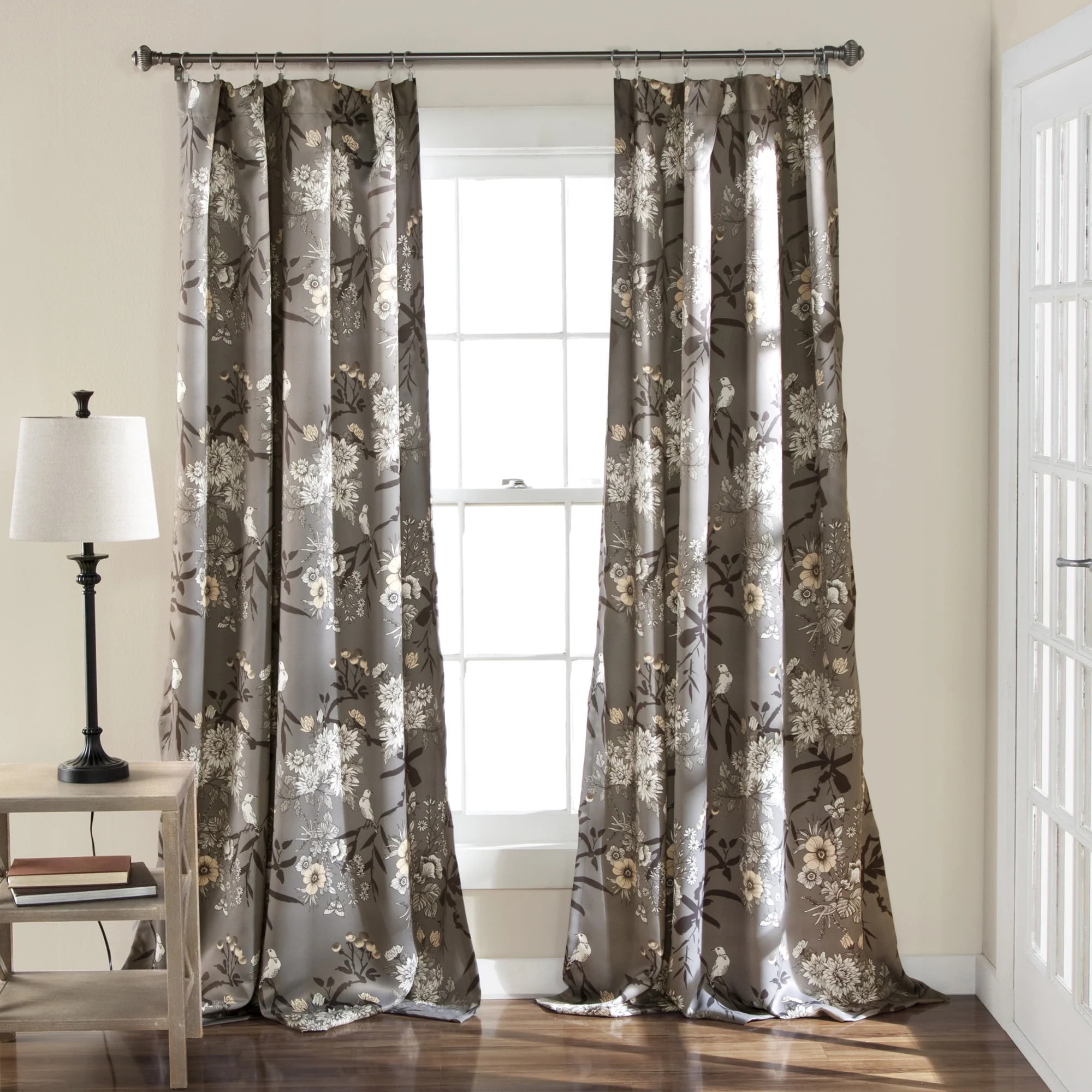 Gray Floral Blackout Polyester Rod Pocket Window Panel Set