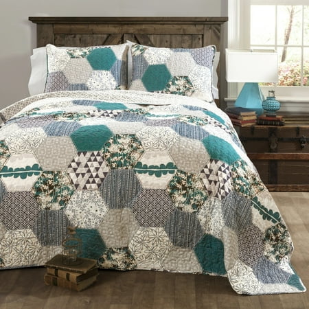 Lush Decor Briley Patchwork Cotton Reversible Quilt, Full/Queen, Turquoise, 3-Pc Set