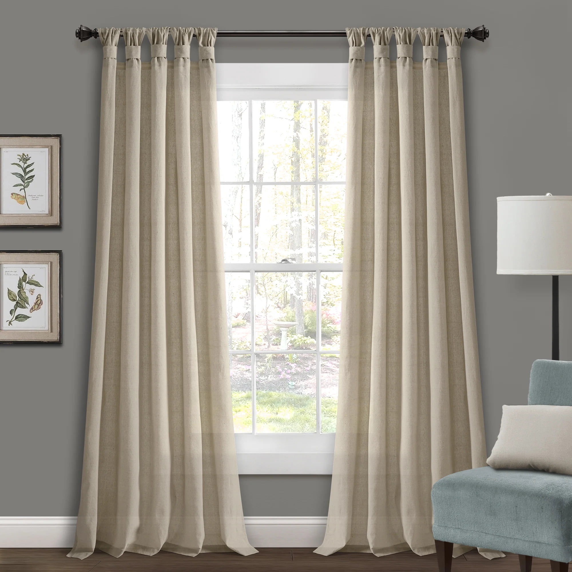 Dark Linen Burlap Knotted Tab Top Light-Filtering Curtain Panels, 84" x 45"