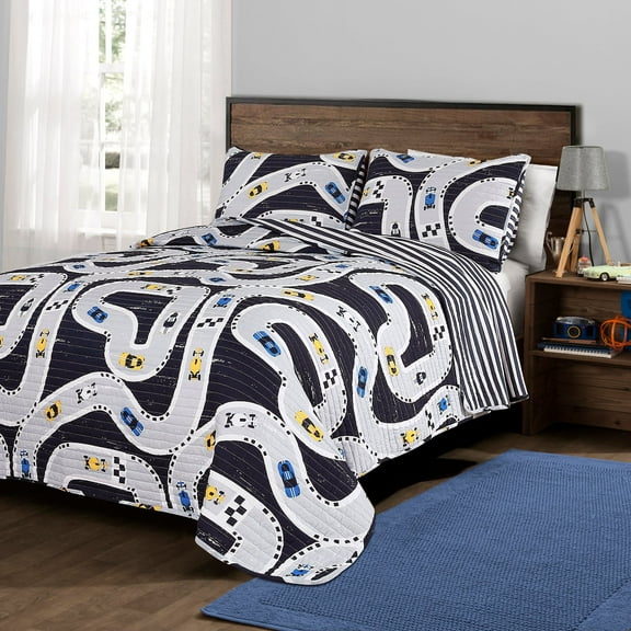 Lush Decor Car Tracks Kids Cotton Reversible Quilt, Twin, Navy, 2-Pc Set