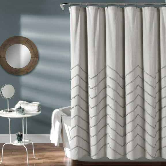 Lush Decor Chenille Chevron Geometric Cotton Shower Curtain, 72x72, Light Gray, Single