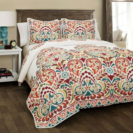 Lush Decor Clara Damask Cotton Reversible Quilt, Full/Queen, Turquoise/Tangerine, 3-Pc Set
