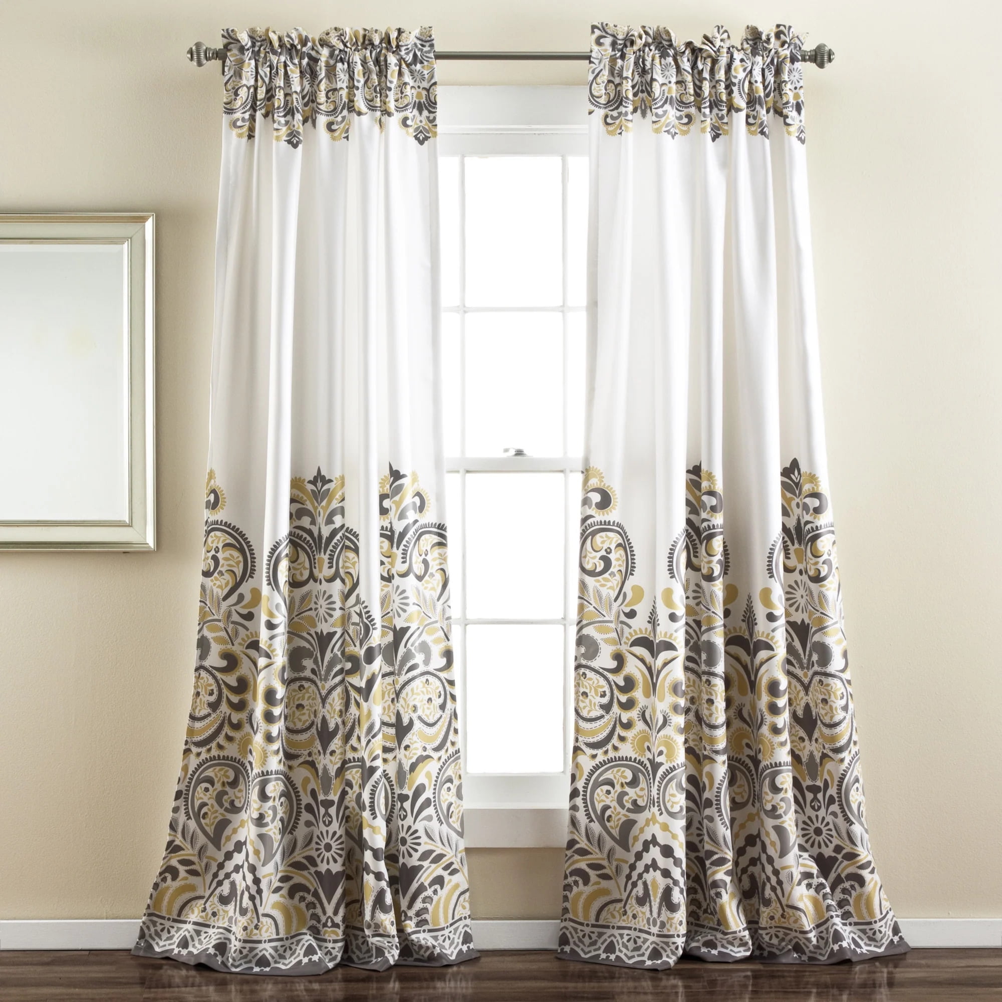 Gray and Yellow Paisley Polyester Room Darkening Window Panels