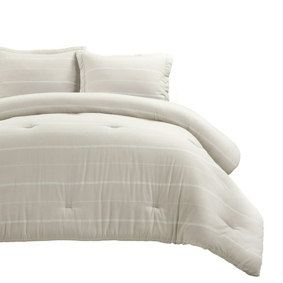 Lush Decor Classic Farmhouse Woven Striped Comforter Set, 3 Piece Set, Full/ Queen, Neutral & Off White - Farmhouse Bedding Set - Chalk Stripe Comforter - Yarn Dyed - Neutral Bedroom Decor