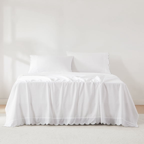 Lush Decor Coastal Chic 4-Piece Cotton Sheet Set, Queen - Scalloped Edge, Scallop Trim