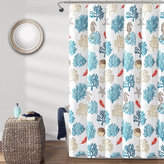 Lush Decor Coastal Reef Feather Polyester Shower Curtain, 72x72, Blue/Coral, Single